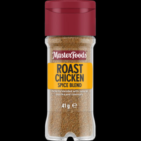 Masterfoods Roast Chicken Spice Blend 41g in a glass shaker jar, featuring savory pepper and chili notes for flavorful chicken dishes.