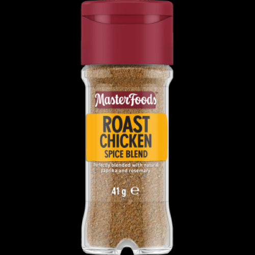 Masterfoods Roast Chicken Spice Blend 41g in a glass shaker jar, featuring savory pepper and chili notes for flavorful chicken dishes.