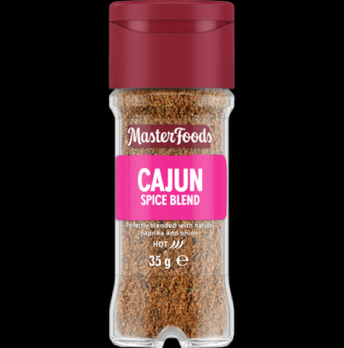 Masterfoods Cajun Spice Blend in a glass shaker jar, featuring paprika, basil, chili, and fennel for bold, authentic flavor.