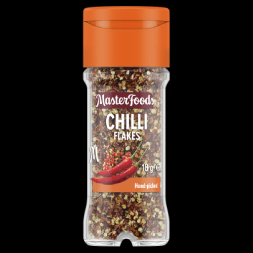 Masterfoods Chilli Flakes in a glass shaker jar, perfect for adding heat to stir-fries, rice, and sauces.