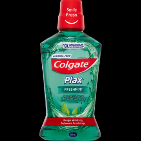 Colgate Plax Freshmint Mouthwash 500ml, alcohol-free, eliminates 99.9% of germs, refreshing mint flavor for all-day freshness.