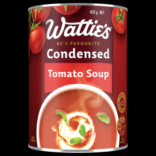 Wattie's Condensed Tomato Soup 420g, a versatile and rich base for casseroles and pasta, 99% fat-free and wholesome.