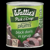 Wattie's Black Doris Plums in syrup, 850g jar, perfect for desserts, baking, or a sweet snack, with a rich, natural flavor.