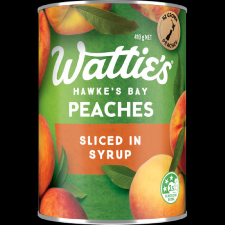 Wattie's Peaches Sliced in Syrup 410g, tender slices of New Zealand peaches in sweet syrup, ideal for desserts and breakfasts.