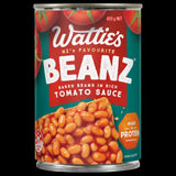 A 420g can of Wattie's Baked Beans in rich tomato sauce, high in protein, fiber, and 99% fat-free, perfect for quick meals.