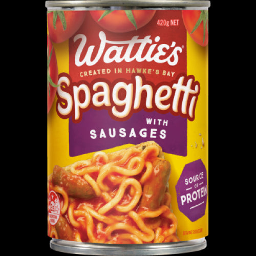 Wattie's Spaghetti With Sausages 420g can featuring tender sausages in a rich sauce, ideal for quick meals and snacks.