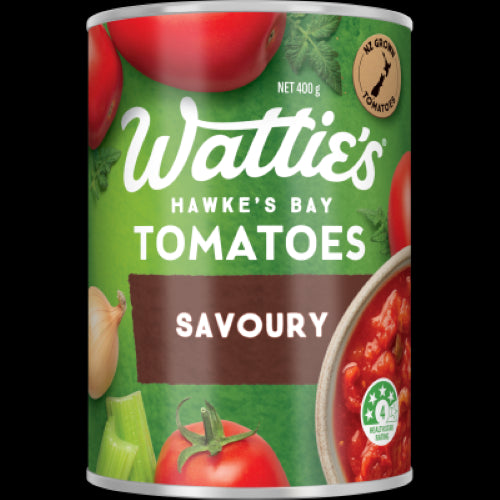 A 400g can of Wattie's Savoury Tomatoes, featuring a blend of New Zealand tomatoes, celery, onion, and green capsicum.