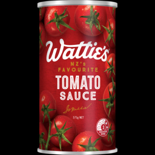 Wattie's Tomato Sauce 575g bottle, a rich, versatile condiment made with quality tomatoes, ideal for enhancing meals.