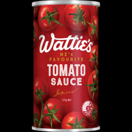 Wattie's Tomato Sauce 575g bottle, a rich, versatile condiment made with quality tomatoes, ideal for enhancing meals.