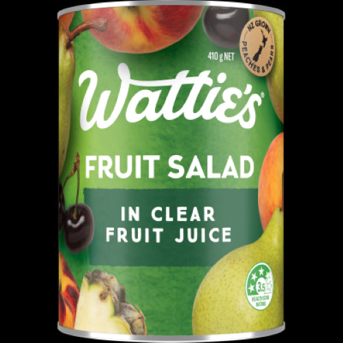 A tin of Wattie's Fruit Salad in Clear Fruit Juice, featuring a mix of peaches, pears, pineapple, and cherries without preservatives.