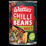 Wattie's Mild Chilli Beans in a 420g can, perfect for tacos, nachos, and burritos, offering vibrant Mexican flavors.