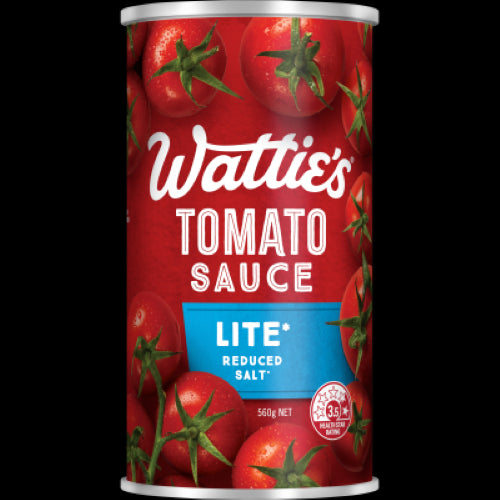 Wattie's Lite Reduced Salt Tomato Sauce 560g, a healthier condiment with 25% less sodium, perfect for burgers and picnics.