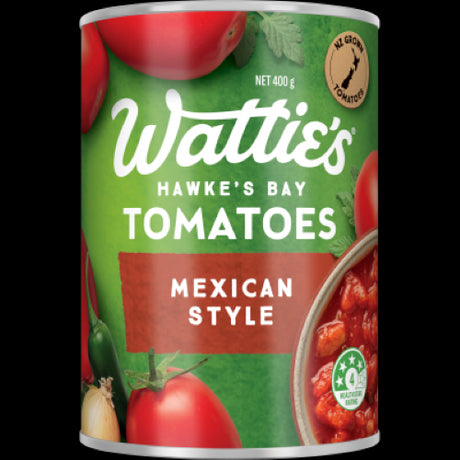 Wattie's Mexican Style Tomatoes in a 400g can, diced and pureed with onions, jalapeños, and spices for authentic flavor.