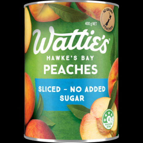 Wattie's No Added Sugar Peach Slices in a 400g jar, perfect for healthy snacks, baking, and versatile meal additions.