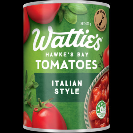 Wattie's Italian Style Tomatoes 400g, blended with herbs, ideal for sauces, pizza, and healthy meals, no preservatives added.