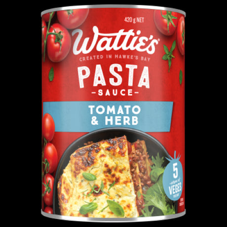 Wattie's Tomato & Herb Pasta Sauce jar, featuring rich tomatoes and herbs for delicious homemade meals, 420g size.