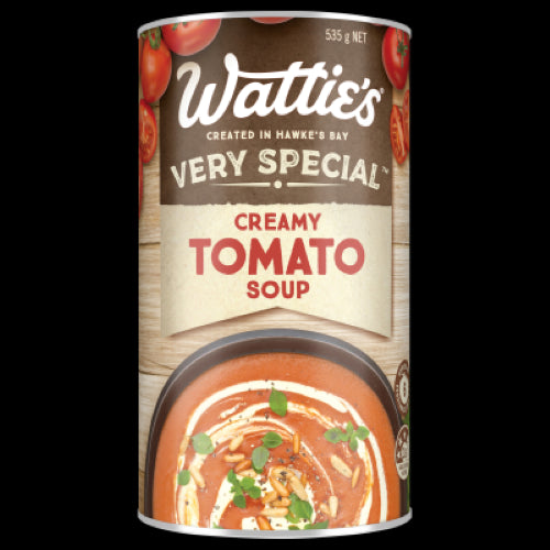 Wattie's creamy tomato soup in a 535g can, rich, 98% fat-free, perfect with toast or as a quick snack.