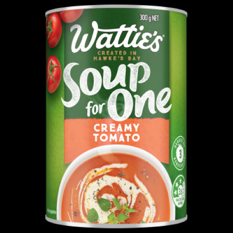 Wattie's Soup For One Creamy Tomato Soup in 300g packaging, showcasing a quick, nourishing, and delicious ready-to-eat meal.