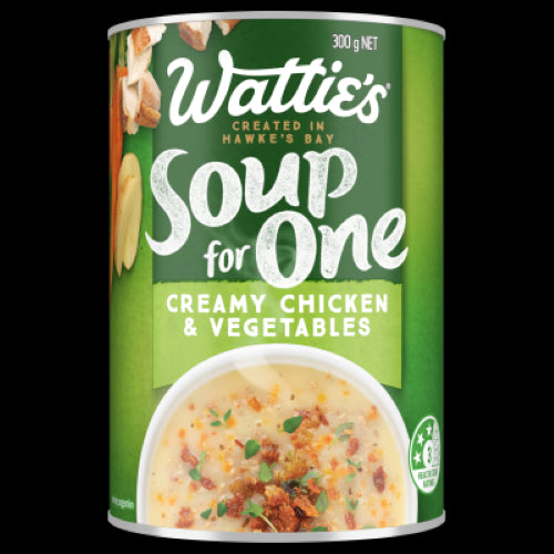 Wattie's Creamy Chicken & Vegetables soup in a 300g container, perfect for quick, healthy meals; 98% fat-free and preservative-free.