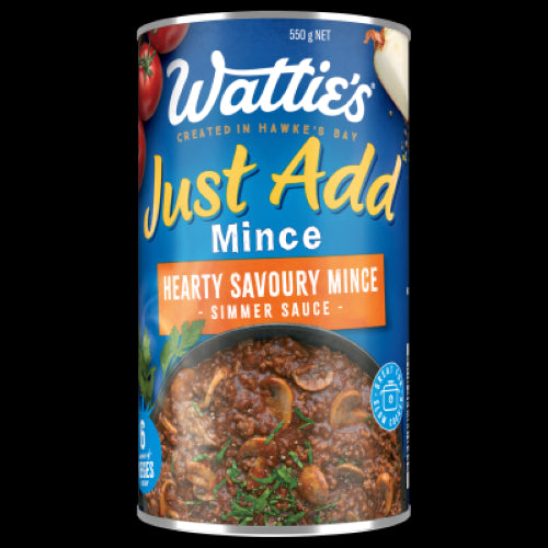 Wattie's Just Add Mince Hearty Savoury Simmer Sauce jar, ready-to-use for easy, flavorful dinners with vegetables included.