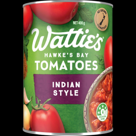 Wattie's Indian Style Tomatoes 400g can, packed with 100% natural ingredients for flavorful curries and rice dishes.