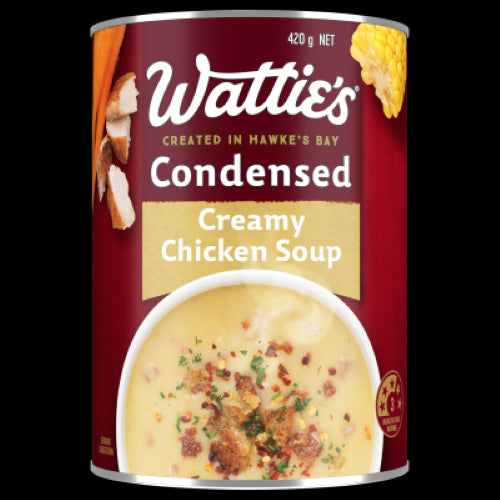 Wattie's Condensed Creamy Chicken Soup 420g, rich and versatile soup made with NZ chicken, corn, and carrots for comforting meals.