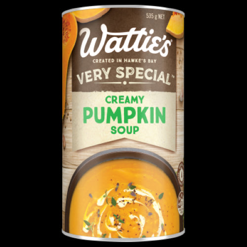 Wattie's Very Special Creamy Pumpkin Soup in a 535g can, offering rich flavor, 98% fat-free, and 4 servings of vegetables.