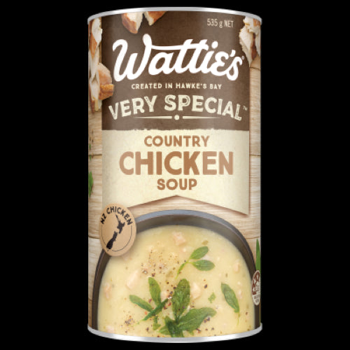 A comforting 535g can of Wattie's Very Special Country Chicken Soup made with quality New Zealand chicken, perfect for any meal.