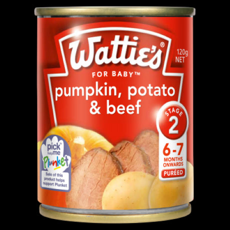 Wattie's For Baby Pumpkin Potato & Beef purée in a 120g pouch, nutritious blend for babies 6-7 months, free from preservatives.