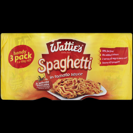 Wattie's Spaghetti in Tomato Sauce, a 3-pack of 420g cans, featuring rich tomato flavor, perfect for quick meals and family favorites.