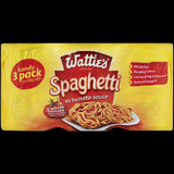 Wattie's Spaghetti in Tomato Sauce 3 x 420g cans, featuring rich tomato flavor, perfect for quick and versatile meal options.