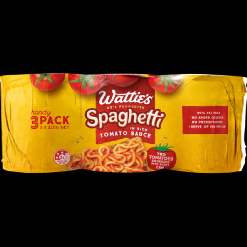 Wattie's Spaghetti in Tomato Sauce, New Zealand favorite, perfect for quick meals and versatile recipes, 3 x 220g cans.