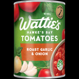 Canned Wattie's Roast Garlic & Onion Tomatoes, infused with rich flavors, perfect for enriching pasta and Italian dishes.