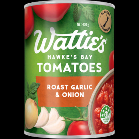 Canned Wattie's Roast Garlic & Onion Tomatoes, infused with rich flavors, perfect for enriching pasta and Italian dishes.