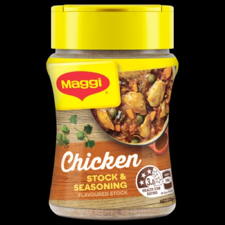Maggi Chicken Stock & Seasoning Shaker enhances flavors in soups, stews, and dishes with its versatile chicken seasoning blend.