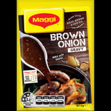 Maggi Brown Onion Gravy Sachet 31g, a quick and savory gravy mix made with real onions, perfect for enhancing meat dishes.
