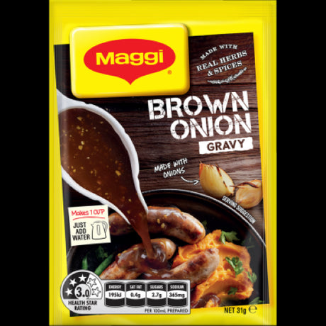 Maggi Brown Onion Gravy Sachet 31g, a quick and savory gravy mix made with real onions, perfect for enhancing meat dishes.