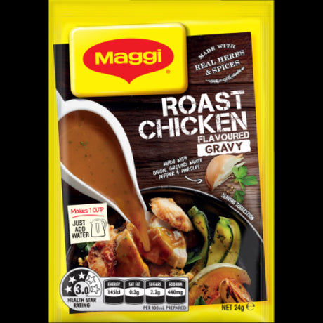 Maggi Roast Chicken Gravy Sachet with herbs and spices for easy, flavorful gravy in minutes, serving up to 4 people.