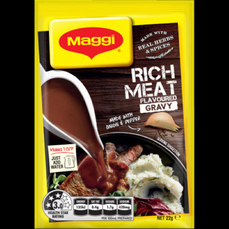 Maggi Rich Meat Flavoured Gravy Sachet 22g for easy, savory gravy with real herbs; just add water to serve 4.