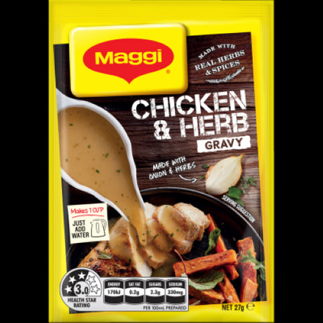 Maggi Chicken & Herb Gravy Sachet 27g for rich, flavorful gravies; just add water for quick, delicious homemade dishes.