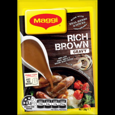 Maggi Rich Brown Gravy Sachet 28g for easy preparation of flavorful, homemade gravy in minutes, serving up to 4.