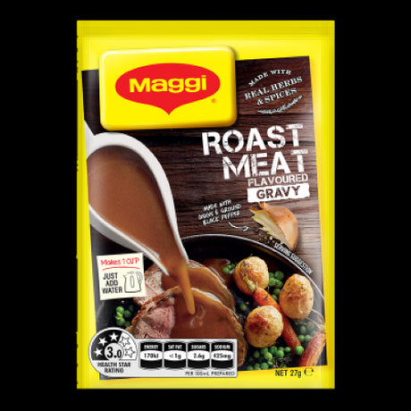 Maggi Roast Meat Flavoured Gravy Sachet 27g, rich onion and black pepper gravy mix, perfect for enhancing meat dishes.