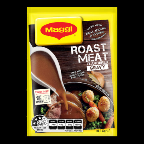 Maggi Roast Meat Flavoured Gravy Sachet 27g, rich onion and black pepper gravy mix, perfect for enhancing meat dishes.