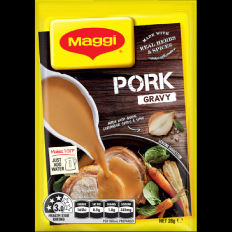 Maggi Pork Gravy Dry Mix Sachet 26g, a quick and flavorful gravy solution for enhancing meals effortlessly.