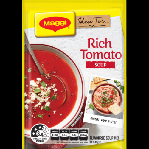 MAGGI Rich Tomato Soup 45g pack, quick to prepare soup mix infused with rich tomatoes and herbs for a comforting meal.