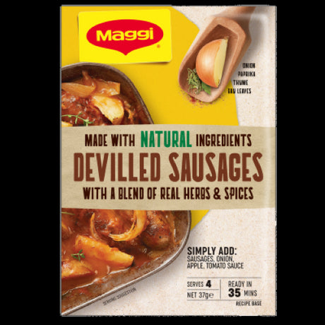 MAGGI Devilled Sausages Recipe Base Sachet, 37g: a natural blend for quick, flavorful family dinners. Easy to prepare and serve.