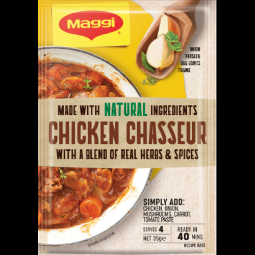 Maggi Chicken Chasseur Recipe Base sachet showcasing a flavorful blend of herbs and spices for quick, delicious meals.