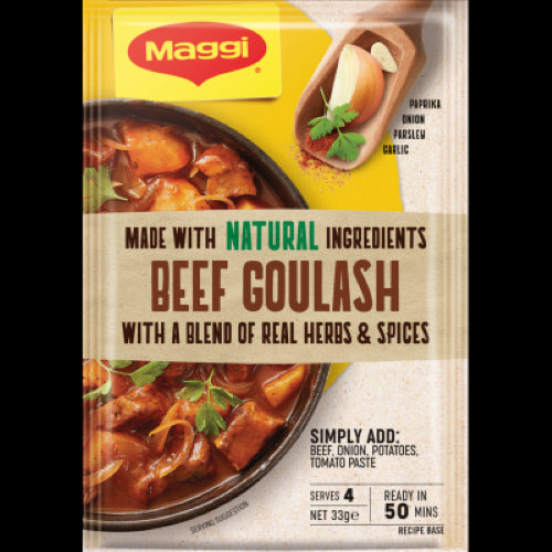 MAGGI Beef Goulash Recipe Base sachet for easy, flavorful family dinners in just 30 minutes with natural ingredients.