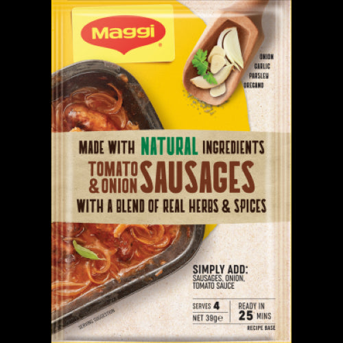 MAGGI Tomato & Onion Sausages Recipe Base sachet, 39g, for quick, flavorful meals with real herbs and spices.