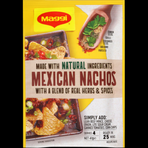 Maggi Mexican Nachos Recipe Base Sachet 41g, perfect for easy, flavorful nachos, gluten-free, with natural ingredients.